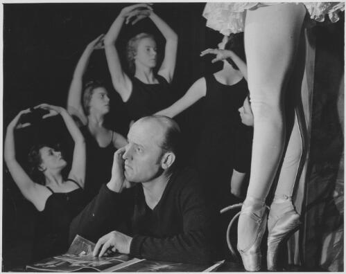 Edouard Borovansky with (L-R) Pamela Wyatt, Leslie Sexton, and Grace Maclean, with the legs of Edna Busse in the foreground [picture]