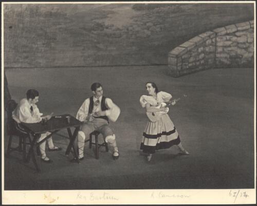 Rachel Cameron as Pepita's friend with Reg Bartram (centre) and an unidentified dancer in L'Amour ridicule, Borovansky Ballet [picture] / [Hugh P. Hall]