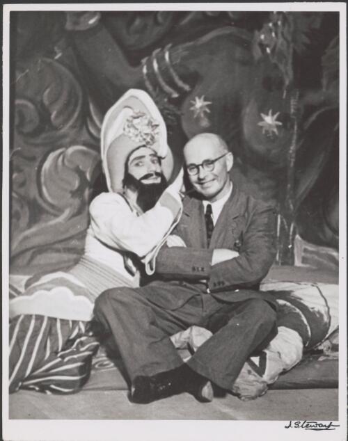 Alfred (Scottie) Ross as The Shah and Frederick (Freddy) Stenning, Borovansky Ballet Manager, on the set of Scheherazade [picture] / J. Stewart
