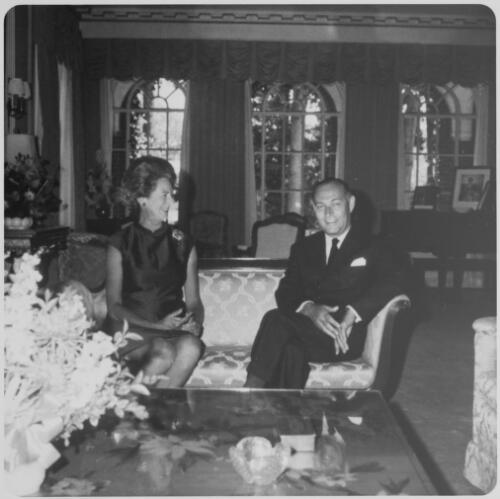 Lady Waller and Sir Keith Waller seated in the formal drawing room of the Australian Embassy, Washington DC, approximately 1967