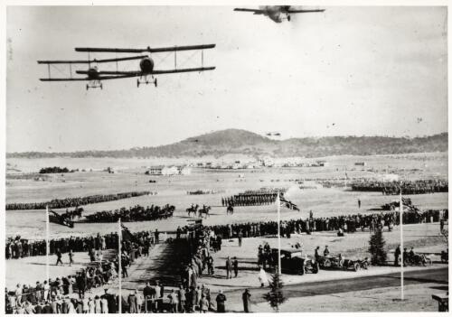 York Park, Canberra, during Royal Visit with aeroplanes overhead, 1927 [picture] / W.J. Mildenhall