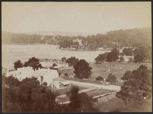 View over a cricket match towards Fairlight House and Cardinals Palace, Manly, New South Wales, 1895 [picture] / Charles Bayliss
