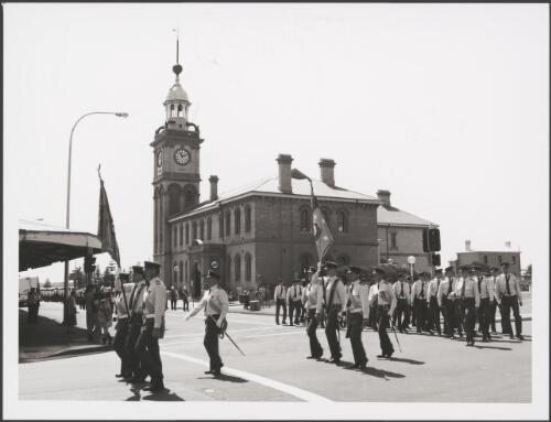 Services Band Parade on the corner of Scott and Watt Streets (Customs House in background) for Mattara Festival in Newcastle, 1994 [picture] / Brendan Bell