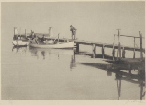 Boats at jetty with unidentified men, Victoria [picture] / Jno Eaton