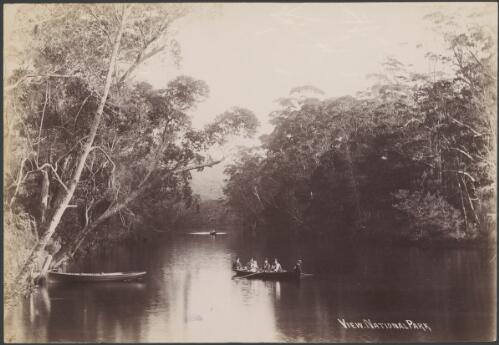 Group of people in a boat on a river, Royal National Park?, New South Wales, 1890s? [picture] / Charles Kerry