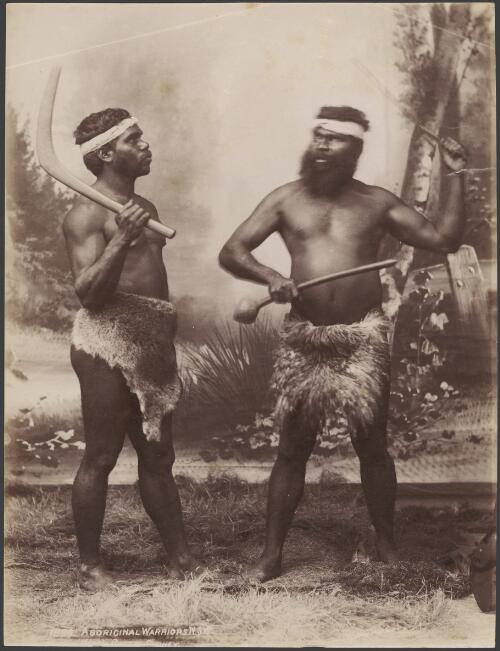 Aboriginal Australian men with boomerangs [picture] / Charles H. Kerry