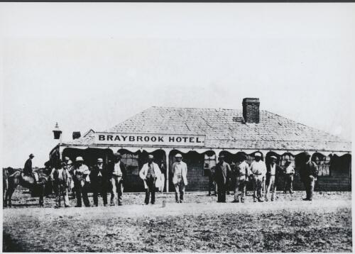 Customers in front of the hotel at Braybrook, Victoria, 1854 [picture] / reprinted by Bruce Howard