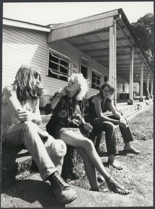 Hippies outside the pub at Kuranda, Queensland, ca. 1972, 1 [picture] / Bruce Howard