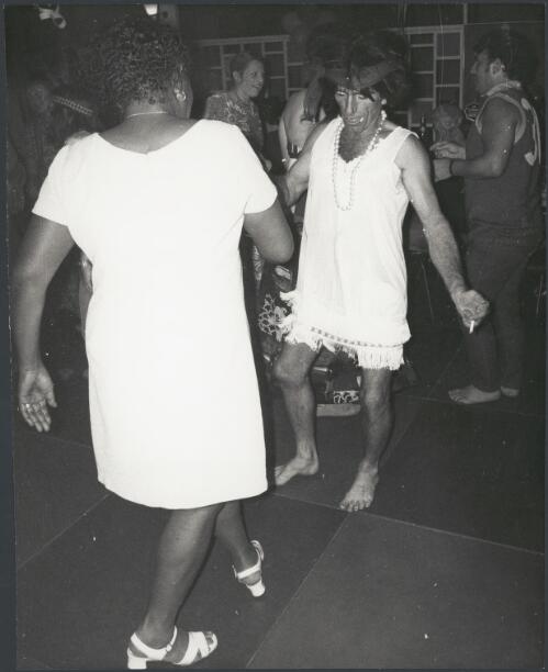 Fringe and beads at the fancy dress ball at the pub in Tennant Creek, Northern Territory, 8 April 1972 [picture] / Bruce Howard