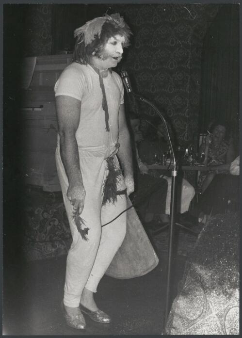Colin Fitzgerald, MC at Your Father's Moustache in fancy dress, East Perth Hotel, Perth, Western Australia, ca. 1972 [picture] / Bruce Howard