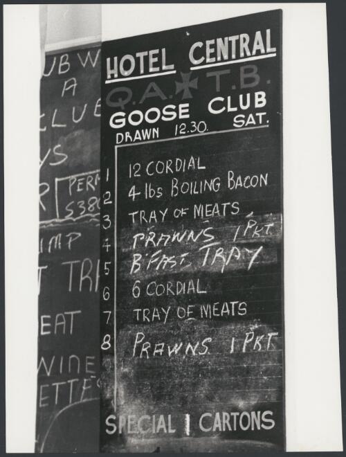 Raffle prize list in Hotel Central, Bowen, Queensland, ca. 1972 [picture] / Bruce Howard