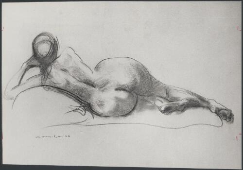 Drawing of a nude by Noel Counihan, dated 1966, hanging in the Parmelia Hotel, Perth, Western Australia, ca. 1972 [picture] / Bruce Howard