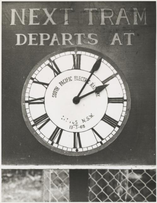 Clock showing tram departure time for the South Pacific Electric Railway, at the Sydney Tramway Museum, Loftus, New South Wales, ca. 1976 [picture]