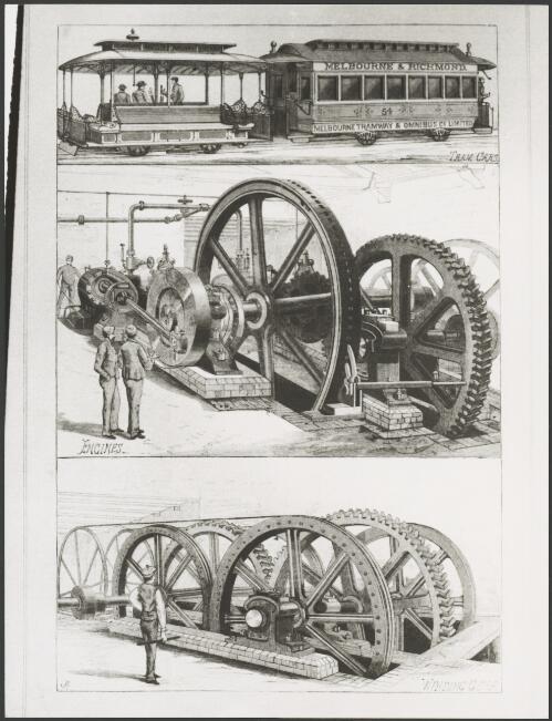 Illustration of the Richmond cable cars, engines and winding gear in the cable engine house of the Melbourne Tramway and Omnibus Company, Melbourne, 1885 [picture]