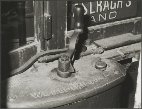 Motor and controller handle made by Westinghouse, in tram cab, at the Sydney Tramway Museum, Loftus, New South Wales, ca. 1976 [picture]