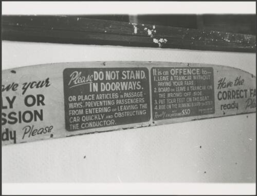 Sign in tram at the Brisbane Tramway Museum, detailing behaviour which is unacceptable or an offence, Queensland, ca. 1976 [picture]