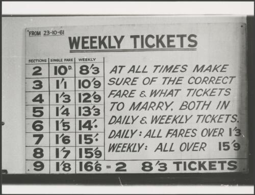 Sign on tram, dated 23 October 1961, showing single and weekly fares, Brisbane Tramway Museum, Queensland, ca. 1976 [picture]