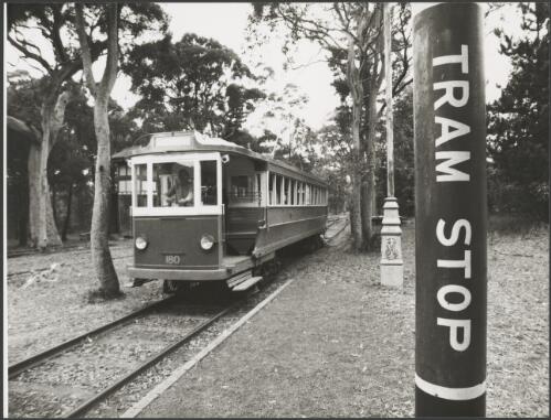 Tram and Tram Stop sign at the Sydney Tramway Museum, Loftus, New South Wales, ca. 1976 [picture]