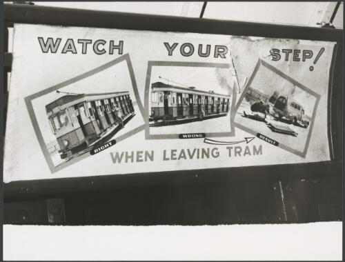 Tram signage,  Watch your step when leaving tram, Sydney, ca. 1976, 1 [picture]