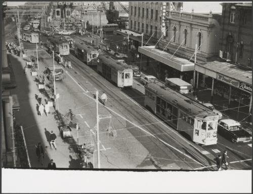 Trams in Queen Street near Victoria Bridge, Brisbane, ca. 1960 [picture]