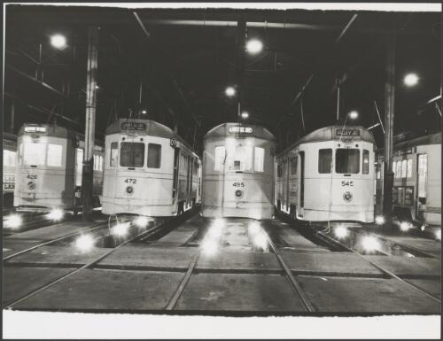Trams in the depot at night, Brisbane, ca. 1960 [picture]