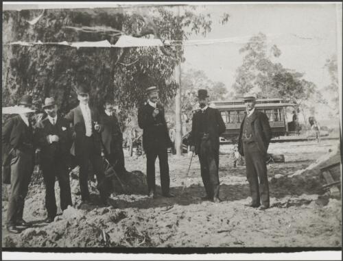 A group of men at the Nedlands tram terminus, Perth, Western Australia, 1908 [picture]