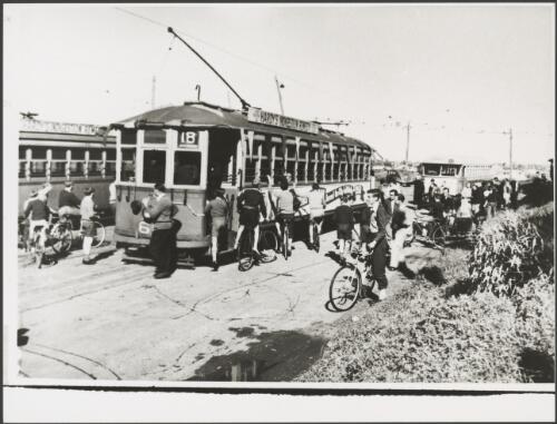 Boys on bike surrounding the last tram to run in Perth, Western Australia, 19 July 1958 [picture]