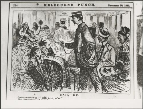Cartoon from Melbourne Punch showing a tram conductor and a passenger from the country in a tram, Melbourne, 10 December 1885 [picture]