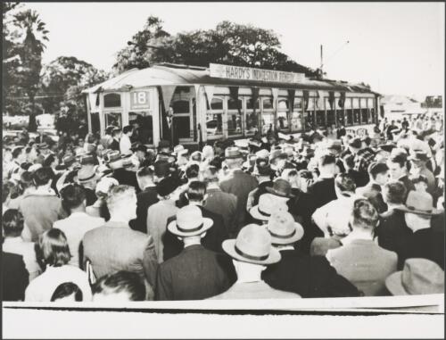 Crowds listening to a speaker on the last tram to run in Perth, route 18, Perth, Western Australia, 19 July 1958 [picture]