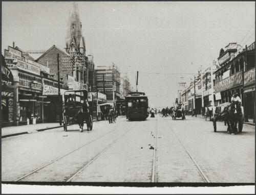 Early days of electric trams, William Street near the intersection of Hay Street, Perth, Western Australia, ca. 1910 [picture]