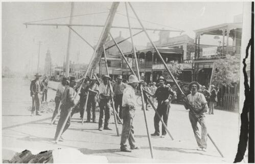 Erecting the poles for the tramway, Kalgoorlie, Western Australia, 1902, 3 [picture]