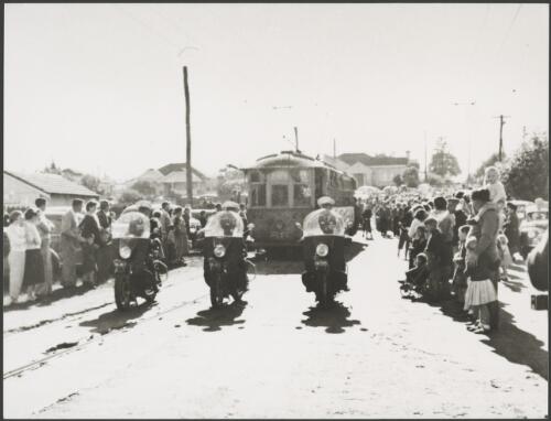 Motor cycle police escorting the last tram in Perth, Western Australia, 19 July 1958 [picture]