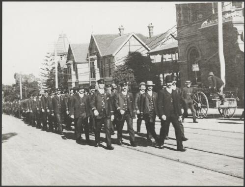 Striking Perth tramway men on the march, Barrack Street, Perth, Western Australia, 1910 [picture]