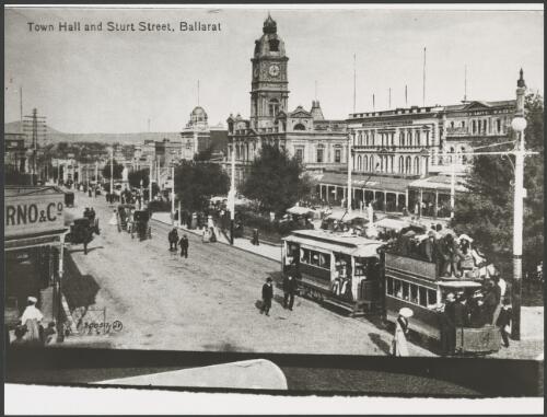 Town Hall and Sturt Street, including an electric tram towing an ex-double decker horse car, Ballarat, Victoria, 1907, 1 [picture]
