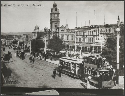 Town Hall and Sturt Street, including an electric tram towing an ex-double decker horse car, Ballarat, Victoria, 1907, 2 [picture]