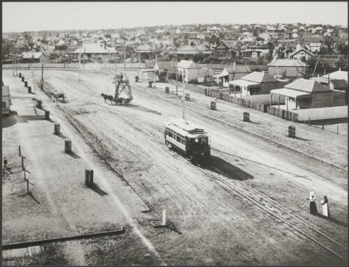 Tram and horse drawn line maintenance vehicle in Maritana Street, Piccadilly, Kalgoorlie, Western Australia, 1904, 1 [picture]