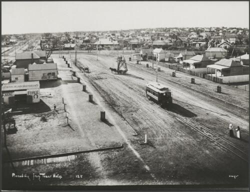Tram and horse drawn line maintenance vehicle in Maritana Street, Piccadilly, Kalgoorlie, Western Australia, 1904, 2 [picture]