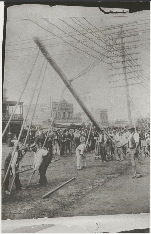 Up she goes; erecting the poles for the tramway, Kalgoorlie, Western Australia, 1902 [picture]