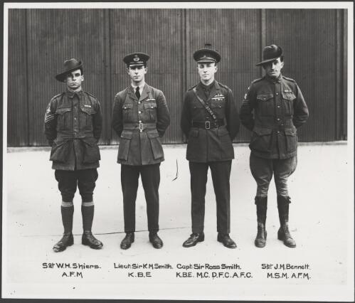 Sergeant W.H. Shiers, Lieutenant Sir Keith Smith, Captain Sir Ross Smith and Sergeant J.M. Bennett before leaving London to undertake the first flight by Australians from England to Australia in under thirty days, London, England, 1919 [picture] / Vickers-Armstrongs Limited