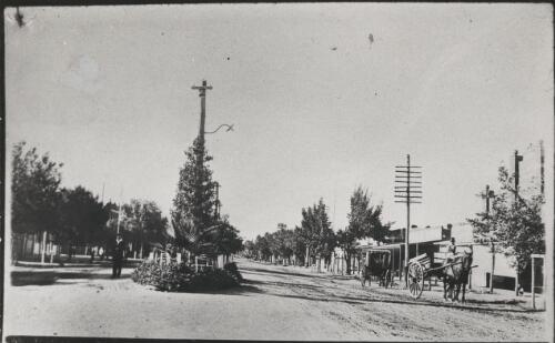 Horse drawn vehicles parked in a wide street, Yarrawonga, Victoria, 1924 [picture] / Dennis Brabazon