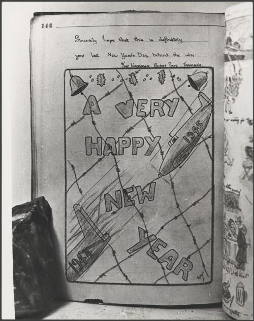 Happy New Year message sent to Gerald Carroll while he was a prisoner of war in Stalag Luft III in Germany in 1945, Melbourne, ca. 1973 [picture] / Bruce Howard