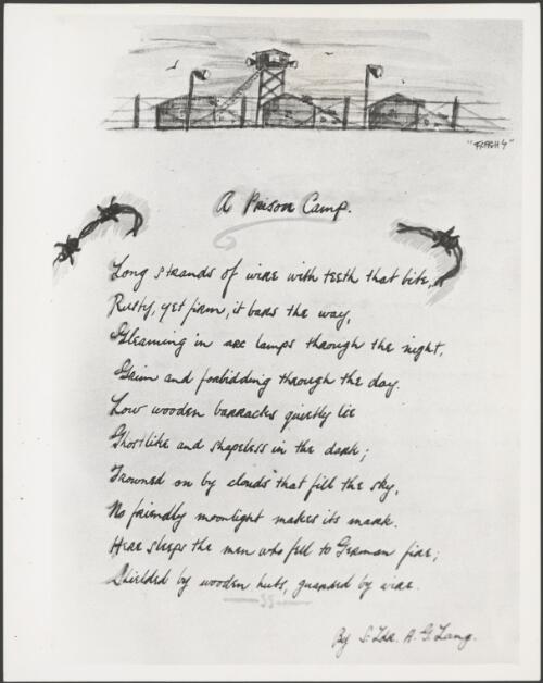 Poem entitled A prison camp, written by Sergeant A.G. Lang while imprisoned in Stalag Luft III, Germany, during World War II, ca. 1973 [picture] / Bruce Howard