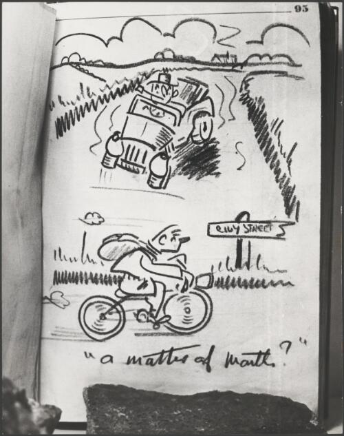 Page from the diary of Corporal Gerald Carroll, showing an cartoon of a man on a bicycle, drawn by a fellow prisoner of war during imprisonment at Stalag Luft III, Germany, during World War II, ca. 1973 [picture] / Bruce Howard