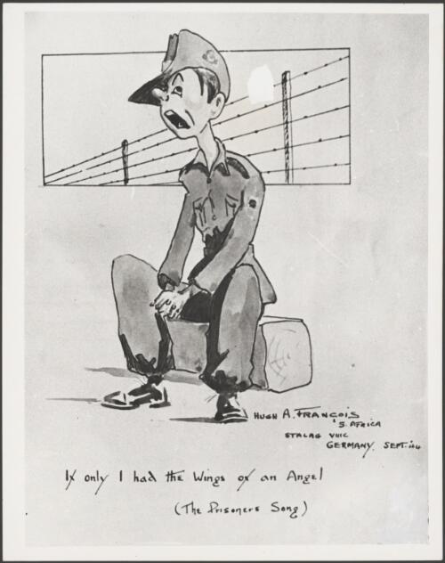 Page from the diary of Corporal Gerald Carroll, showing an illustration of an Australian soldier wishing for escape, drawn by a fellow prisoner of war during imprisonment at Stalag Luft III, Germany, during World War II, ca. 1973 [picture] / Bruce Howard