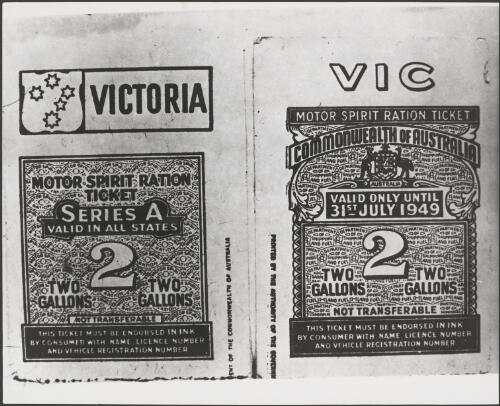 Two motor spirit ration tickets used during and after World War II, Melbourne, ca. 1973 [picture] / Bruce Howard