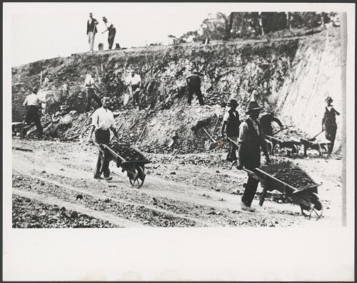 Labourers undertake relief work on a road during the Great Depression at Como Park, Melbourne, ca. 1930, 1 [picture]
