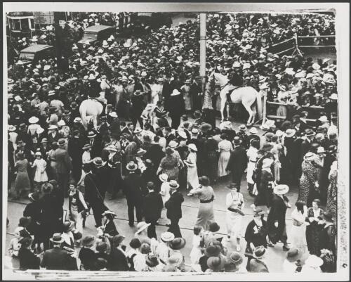 Mounted police controlling the crowd outside St Paul's Cathedral for the Clarke-Brookes wedding, Melbourne, 1936 [picture]