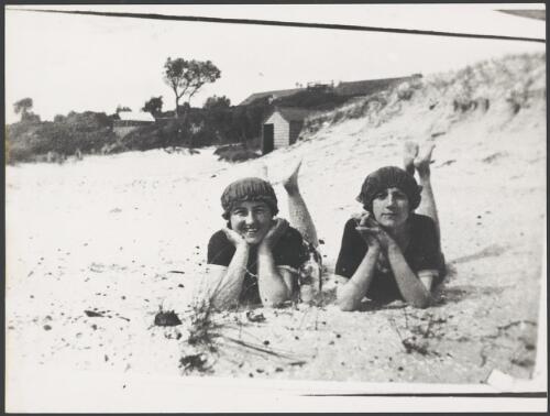 Portrait of Rose and Betty Mitchell wearing swimming costumes and caps at Brighton Beach, Victoria, 1920 [picture]
