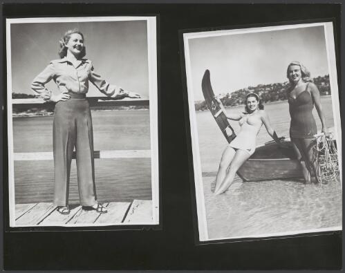 Two proofs, one showing a model wearing a casual outfit of flat-fronted trousers and shirt with shoulder pads and one showing two models wearing Jantzen swimsuits holding water-skiing equipment, ca. 1950 [picture]