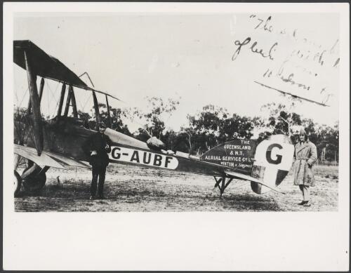 Hudson Fysh and engineer, Arthur Baird, with a BE2E, one of the first two planes bought by the Queensland and Northern Territory Aerial Service Co Ltd, the beginning of QANTAS, Longreach, Queensland, ca. 1924 [picture]